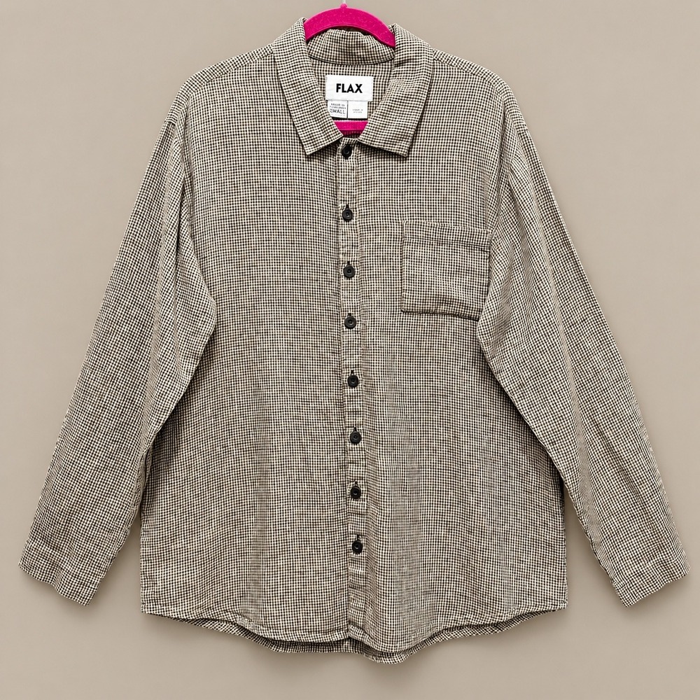 FLAX Button Down Shirt Womens Small Tan Black Linen Micro Check Long Slv